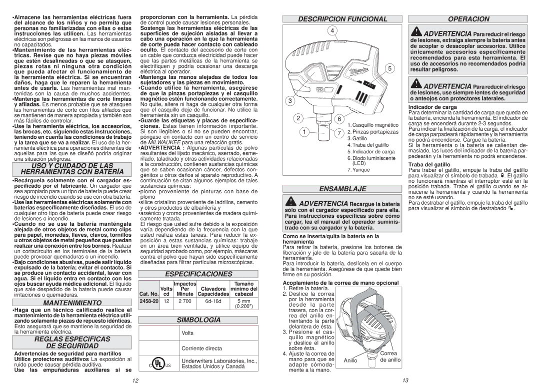 Milwaukee 2458-20 USO Y Cuidado DE LAS Herramientas CON Batería, Mantenimiento, Reglas Especificas DE Seguridad, Operacion 