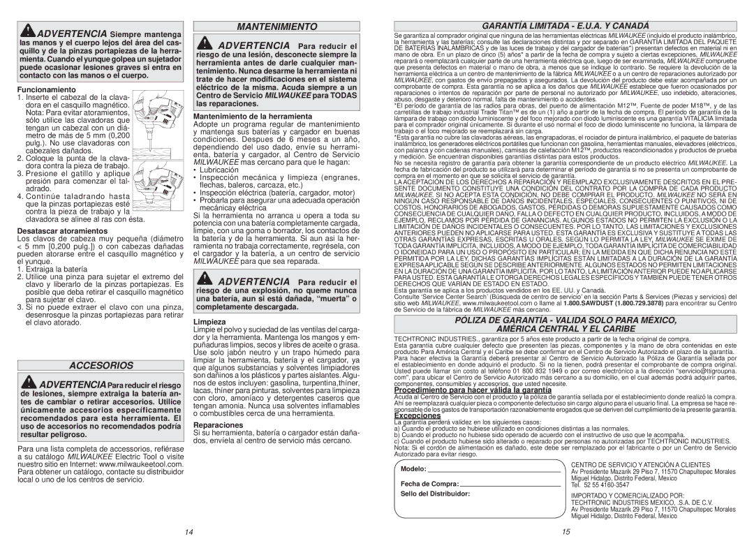 Milwaukee 2458-20 manual Accesorios, Garantía Limitada E.U.A. Y Canadá 