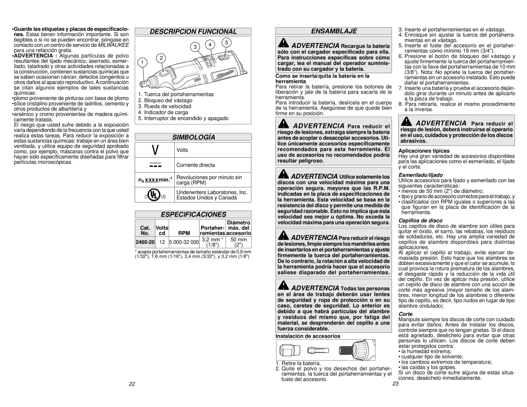 Milwaukee 2460-20 manual Descripcion Funcional, Simbología, Especificaciones, Ensamblaje 