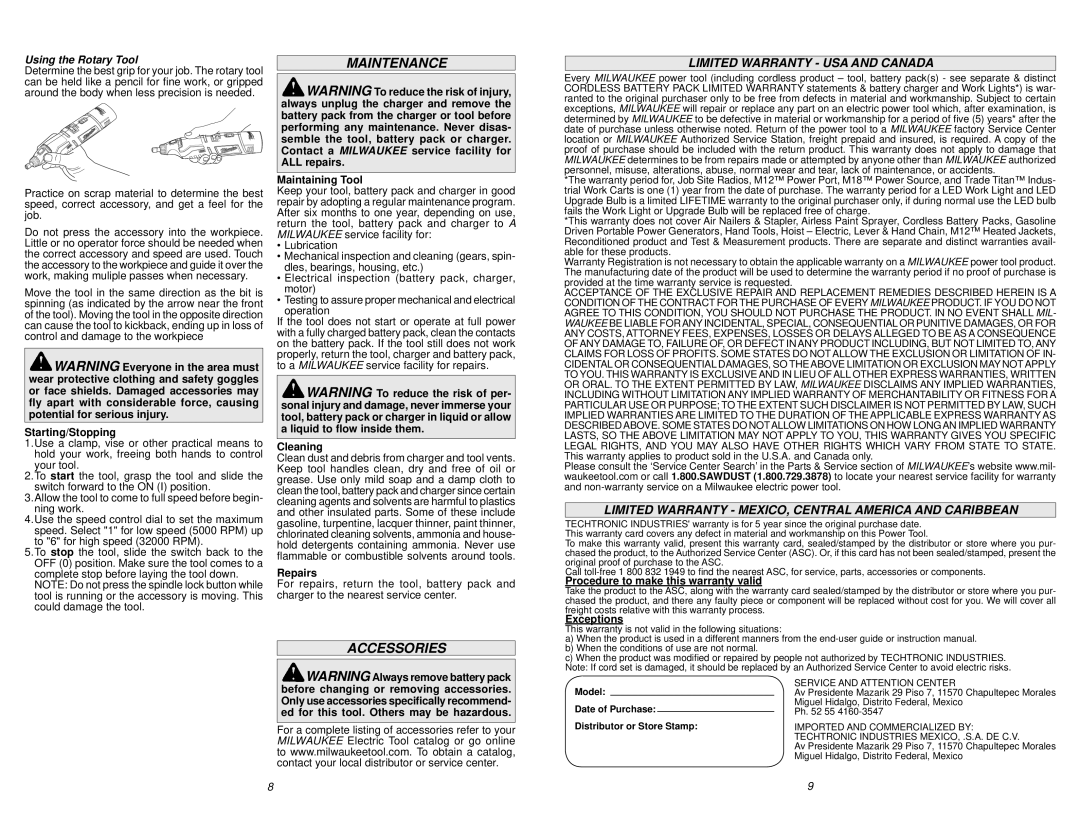 Milwaukee 2460-20 manual Maintenance, Accessories, Limited Warranty USA and Canada, Using the Rotary Tool 