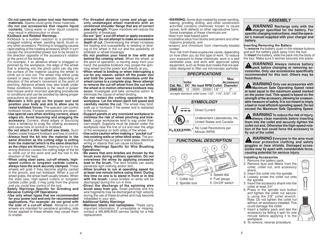 Milwaukee 2460-20 manual Specifications, Symbology, Functional Description, Assembly 