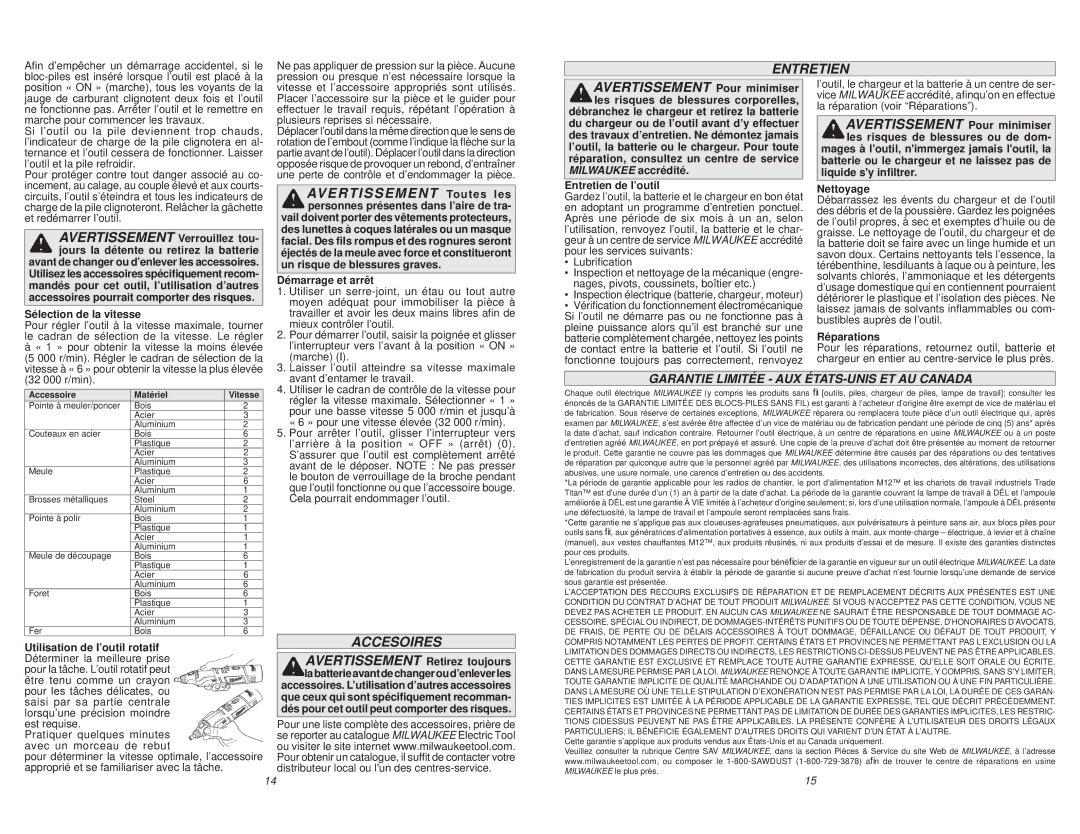 Milwaukee 2460-20 manual Accesoires, Garantie Limitée AUX ÉTATS-UNIS ET AU Canada, Milwaukee accrédité 