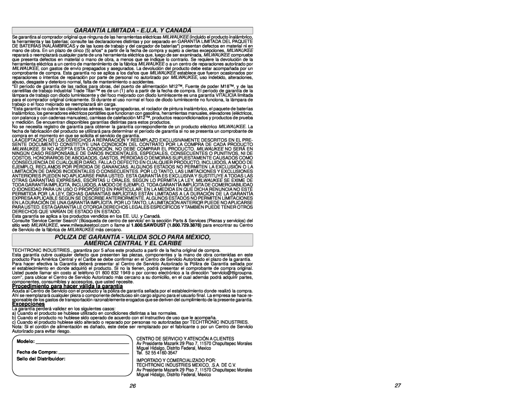 Milwaukee 2460-20 manual Garantía Limitada - E.U.A. Y Canadá, Póliza De Garantía - Valida Solo Para México, Excepciones 