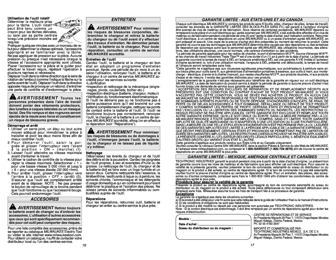 Milwaukee 2460-20 manual Accesoires, Garantie Limitée - Aux États-Unis Et Au Canada, Entretien 