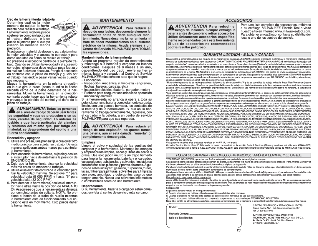 Milwaukee 2460-20 manual Accesorios, Garantía Limitada - E.U.A. Y Canadá, Mantenimiento 