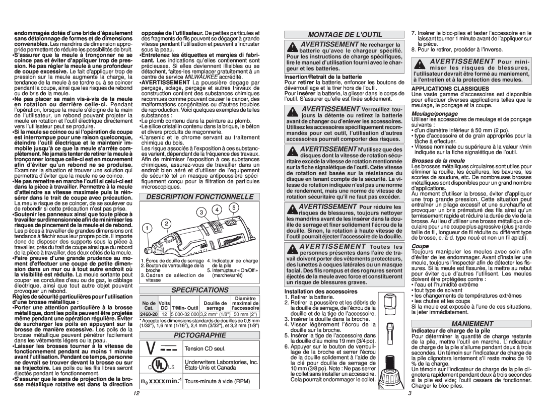 Milwaukee 2460-20 manual Description Fonctionnelle, Montage De Loutil, Pictographie, Maniement, Specifications 