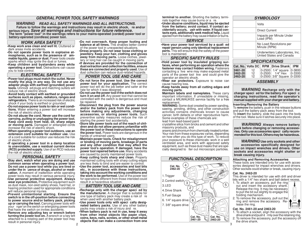 Milwaukee 2462-20 General Power Tool Safety Warnings, Symbology, Work Area Safety, Electrical Safety, Personal Safety 