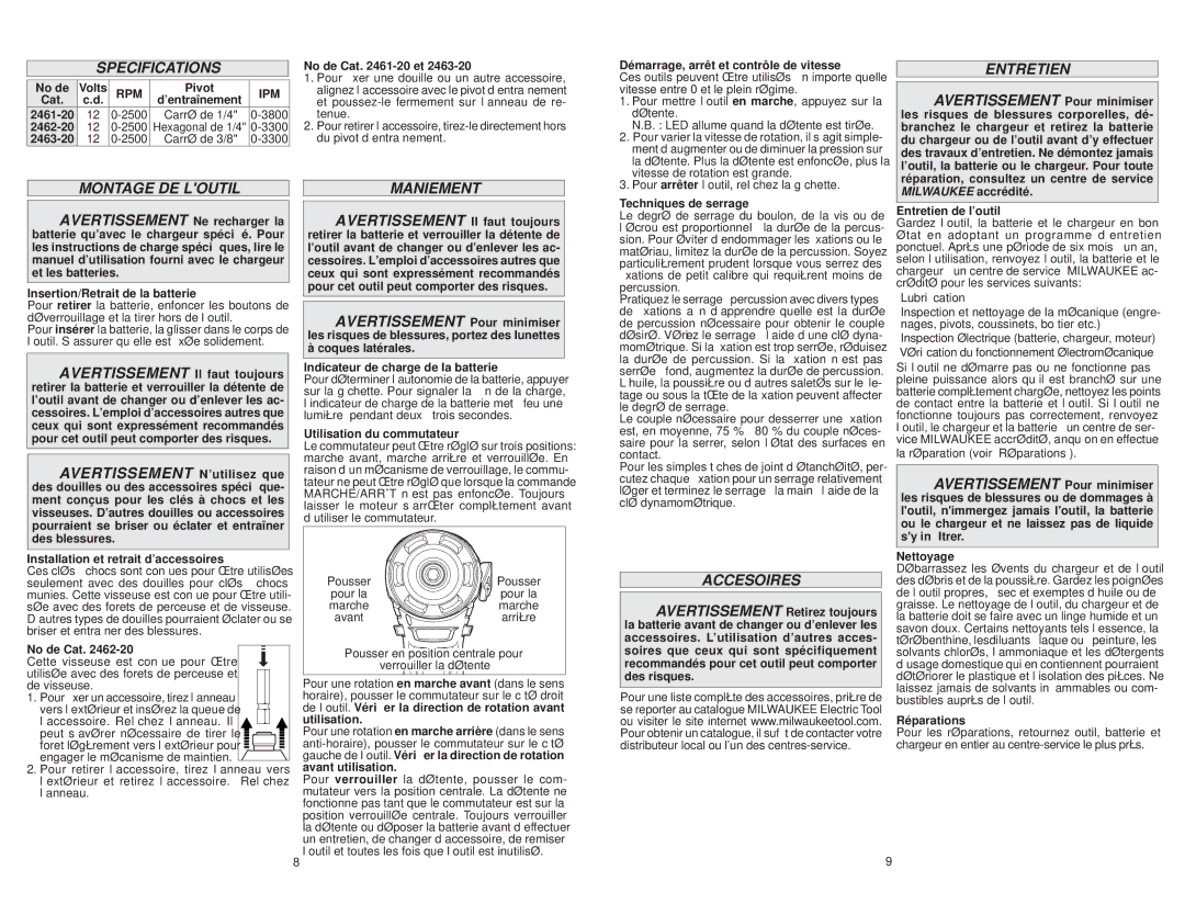 Milwaukee 2462-20, 2461-20, 2463-20 manual Montage DE Loutil Maniement, Accesoires 