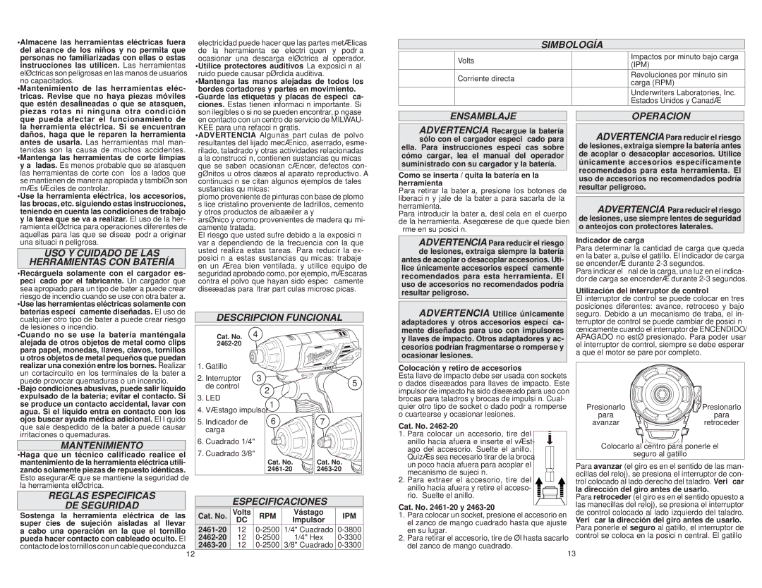 Milwaukee 2463-20, 2461-20 Simbología, Ensamblaje Operacion, USO Y Cuidado DE LAS Herramientas CON Batería, Mantenimiento 