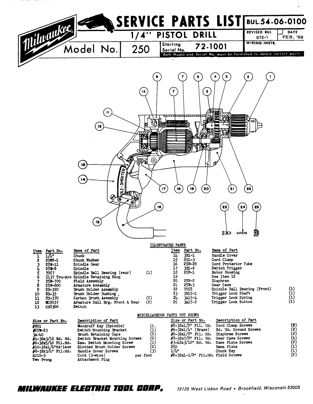 Milwaukee 250 manual Service Parts List, 3B1-2, 25x-28, Psk-23 