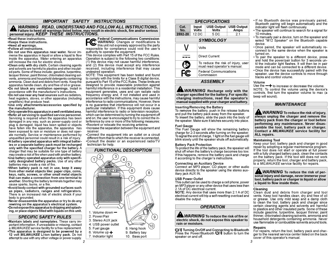 Milwaukee 2592-20 Important Safety Instructions, Specifications, Specific Safety Rules, Functional Description, Symbology 