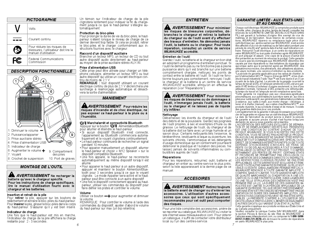 Milwaukee 2592-20 manual Pictographie, Description Fonctionnelle, Maniement, Entretien, Montage DE L’OUTIL, Accesoires 