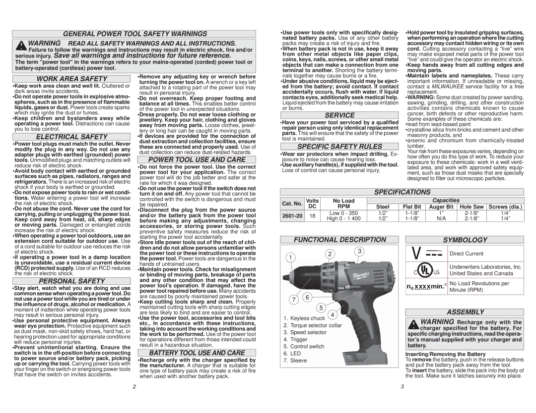 Milwaukee 2601-20 General Power Tool Safety Warnings, Electrical Safety, Power Tool USE and Care, Service, Specifications 