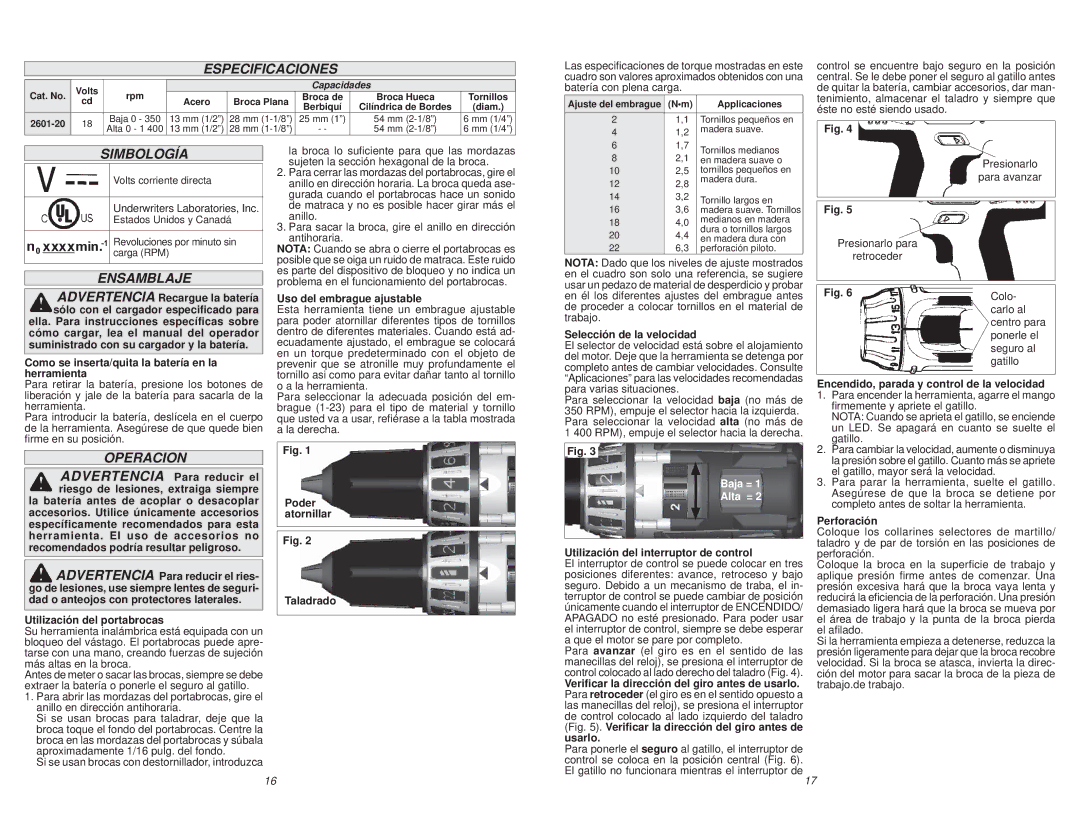 Milwaukee 2601-20 manual Especificaciones, Simbología, Ensamblaje, Operacion 