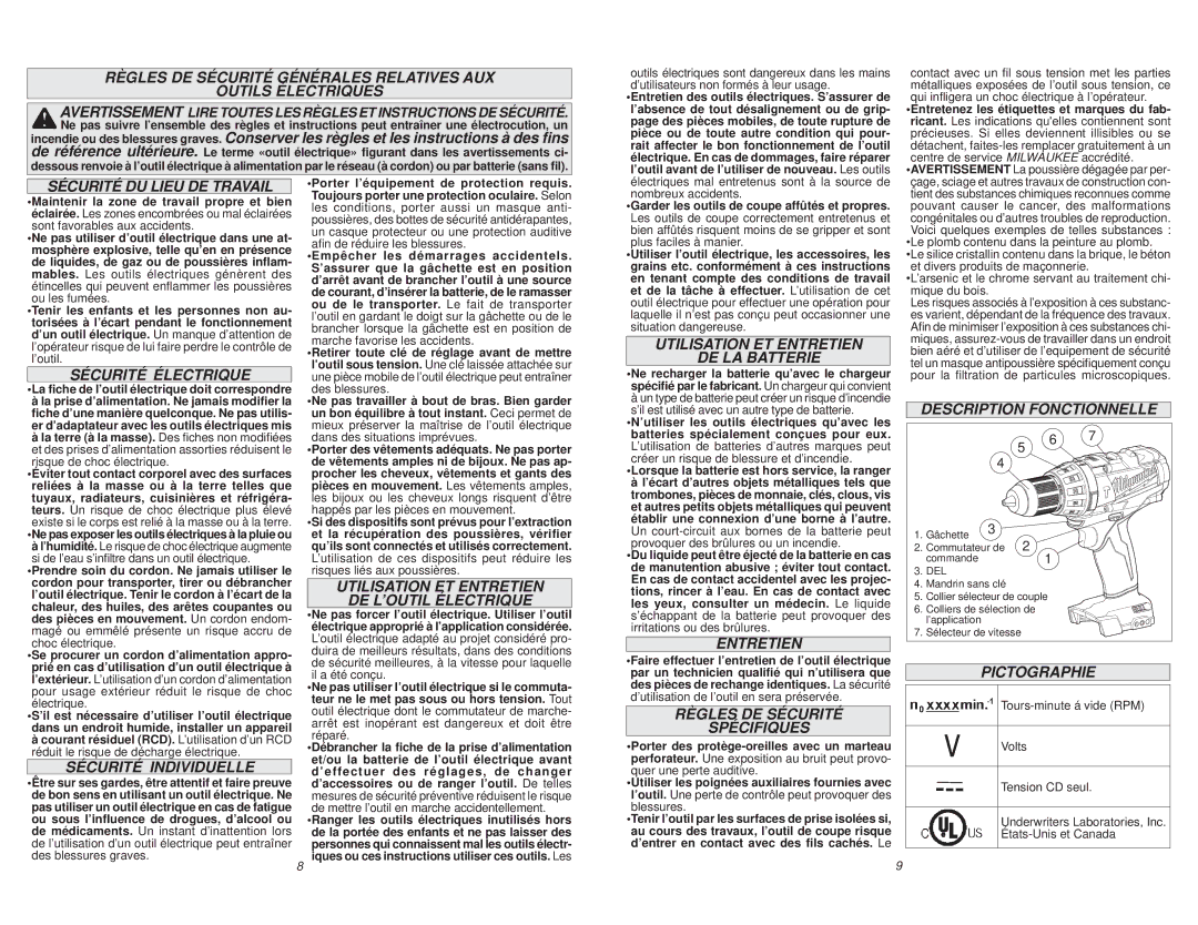 Milwaukee 2604-20 manual Sécurité DU Lieu DE Travail, Sécurité Électrique, Sécurité Individuelle, Entretien, Pictographie 