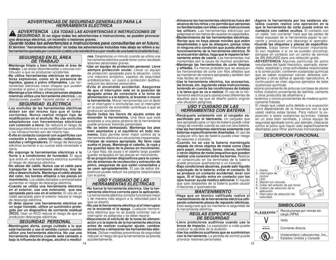 Milwaukee 2603-20 Seguridad EN EL Área DE Trabajo, Seguridad Eléctrica, Seguridad Personal, Mantenimiento, Simbología 