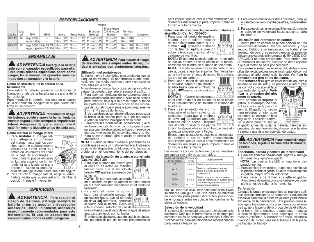 Milwaukee 2604-20, 2603-20 manual Especificaciones, Ensamblaje, Operacion 