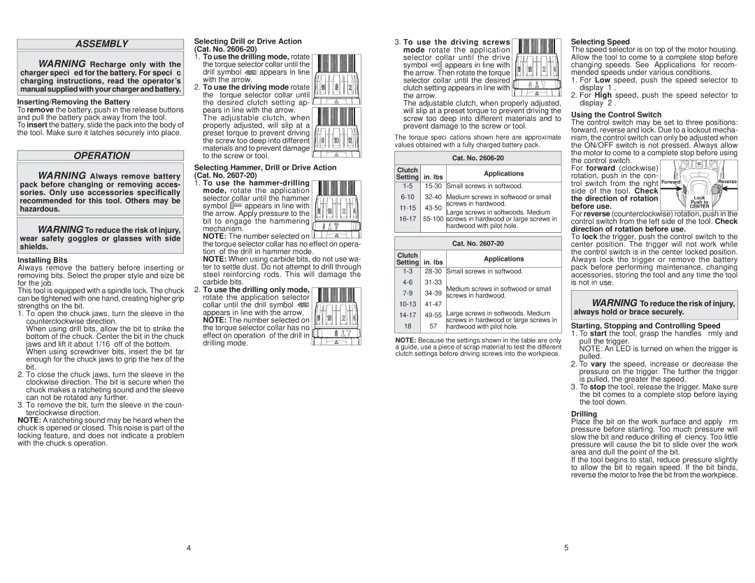 Milwaukee 2607-20, 2606-20 manual Assembly, Operation 