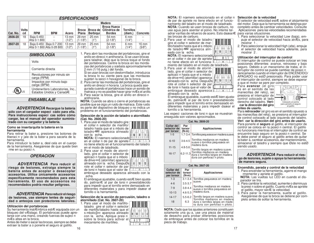 Milwaukee 2607-20, 2606-20 manual Especificaciones, Simbología, Ensamblaje, Operacion 