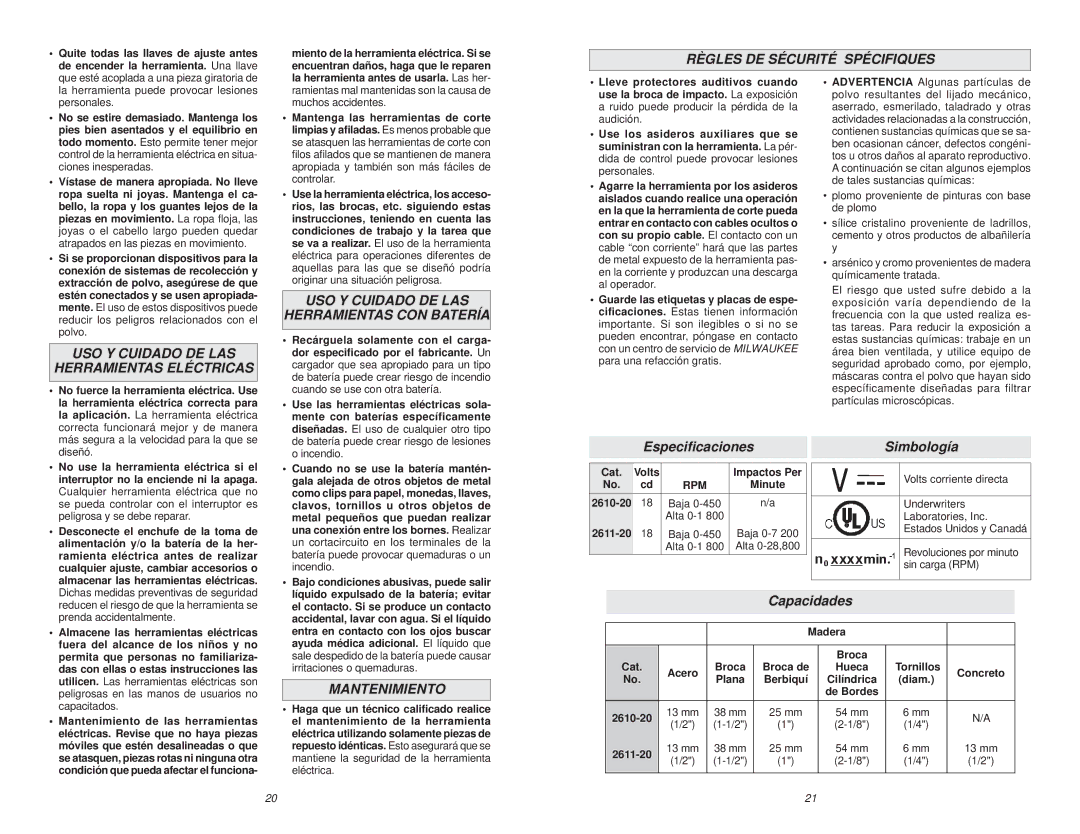 Milwaukee 2610-20 USO Y Cuidado DE LAS Herramientas Eléctricas, USO Y Cuidado DE LAS Herramientas CON Batería, Capacidades 