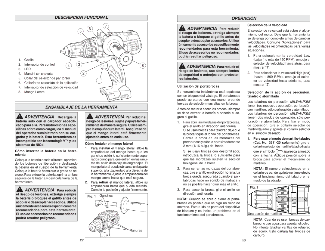 Milwaukee 2611-20, 2610-20 manual Descripcion Funcional Operacion, Ensamblaje DE LA Herramienta 