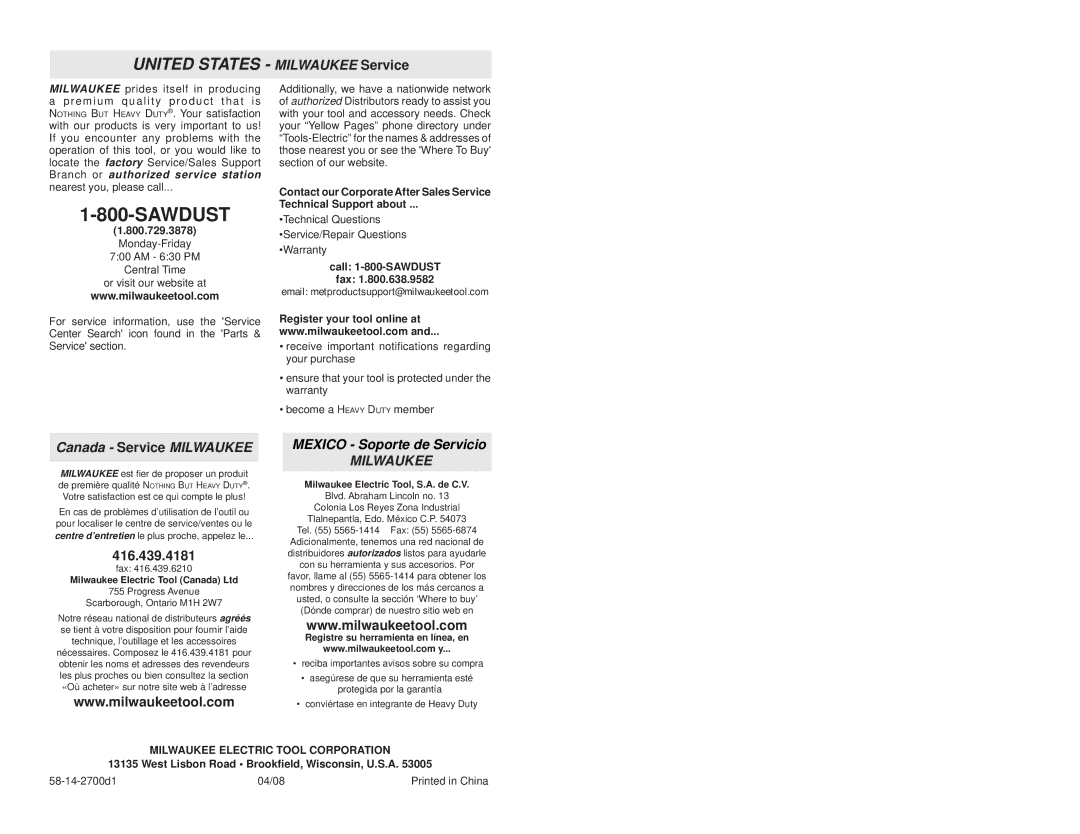 Milwaukee 2610-20, 2611-20 manual Canada Service Milwaukee, 800.729.3878, West Lisbon Road Brookﬁeld, Wisconsin, U.S.A 