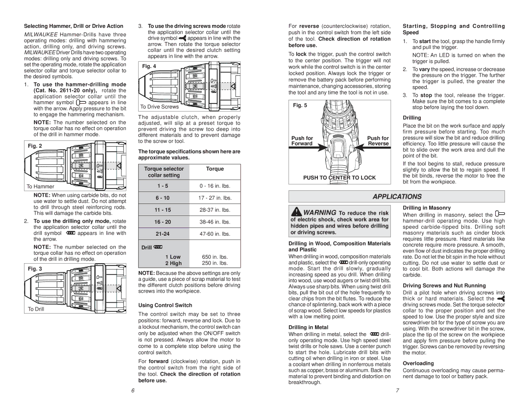 Milwaukee 2611-20, 2610-20 manual Applications 