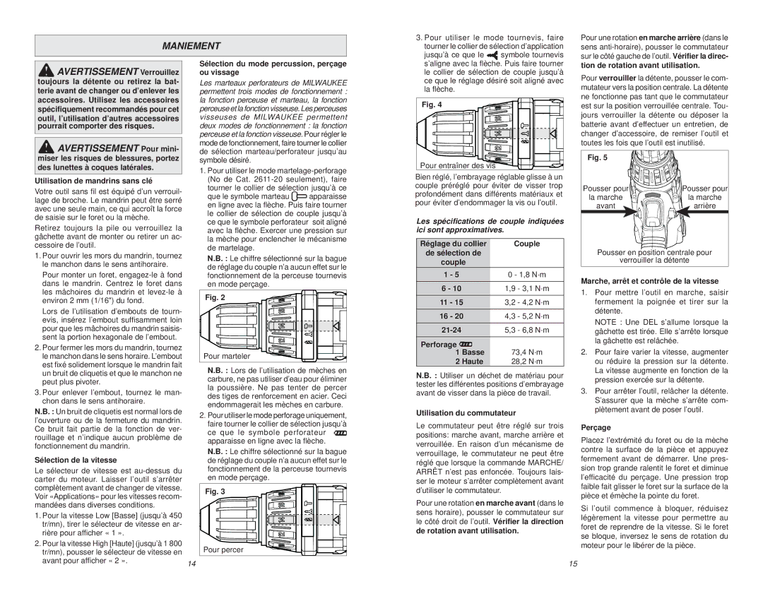 Milwaukee 2611-20, 2610-20 manual Maniement, Avertissement Verrouillez 