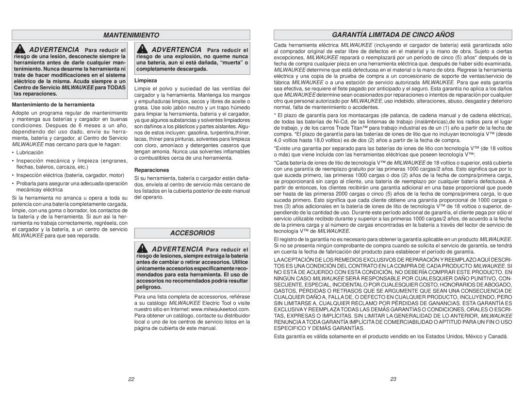 Milwaukee 2620-20 Mantenimiento Garantía Limitada DE Cinco Años, Accesorios, Mantenimiento de la herramienta, Reparaciones 