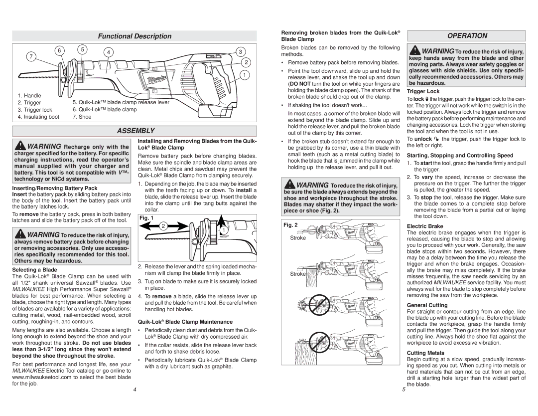 Milwaukee 2620-20 manual Functional Description, Assembly, Operation 