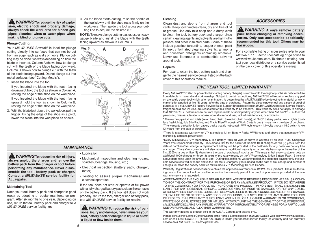 Milwaukee 2620-20 manual Accessories, Five Year Tool Limited Warranty, Maintenance 