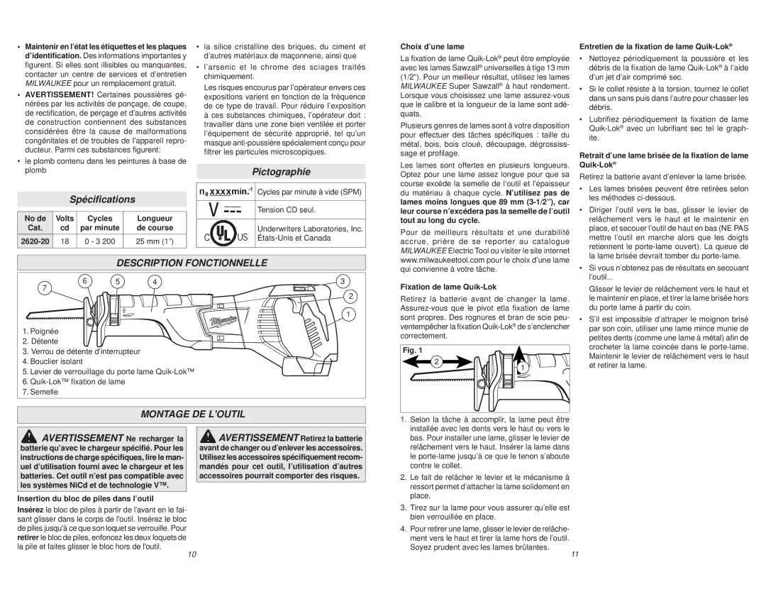 Milwaukee 2620-20 manual Spéciﬁcations, Pictographie, Description Fonctionnelle, Montage DE Loutil 