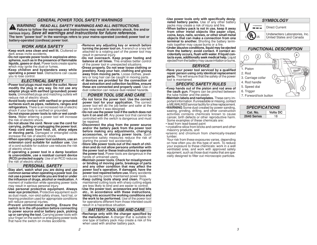 Milwaukee 2640-20 Series General Power Tool Safety Warnings, Electrical Safety, Power Tool USE and Care, Personal Safety 