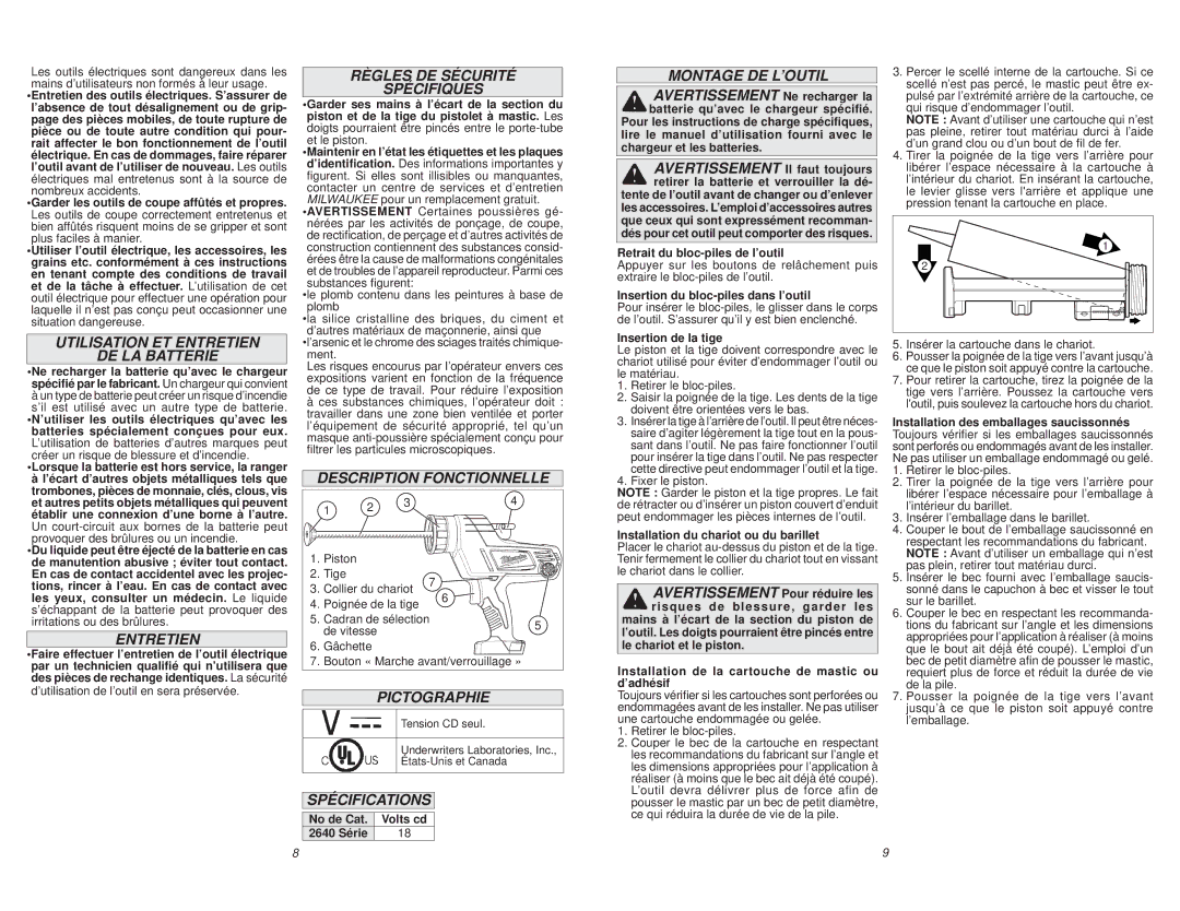 Milwaukee 2640-20 Series manual Utilisation ET Entretien DE LA Batterie, Règles DE Sécurité Spécifiques, Pictographie 