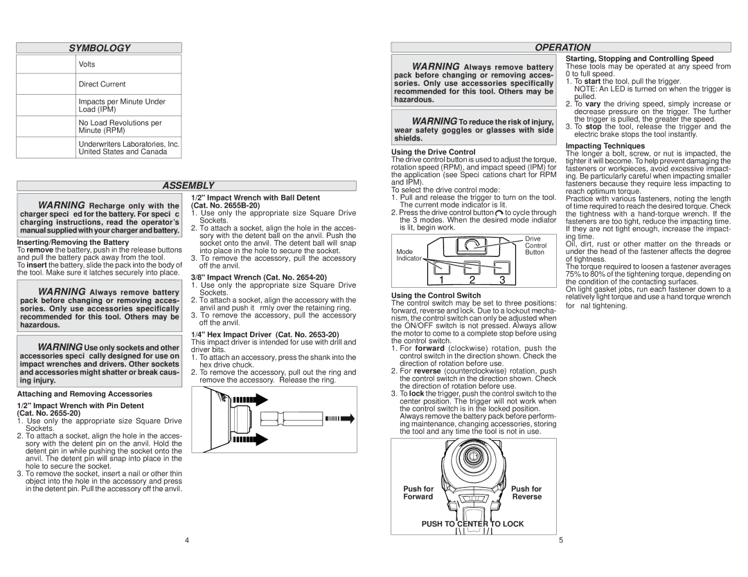 Milwaukee 2654-20, 2655B-20, 2655-20, 2653-20 manual Symbology Operation, Assembly 