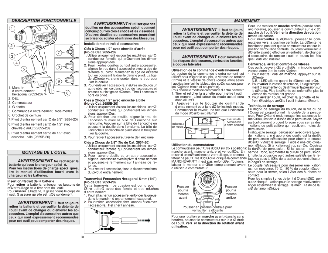 Milwaukee 2653-20, 2655B-20, 2655-20, 2654-20 manual Description Fonctionnelle, Maniement, Montage DE Loutil 