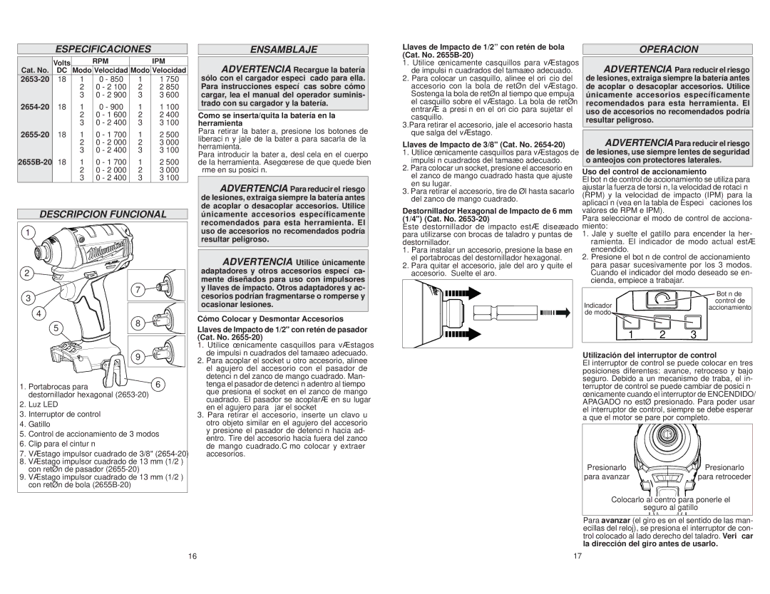 Milwaukee 2655-20, 2655B-20, 2653-20, 2654-20 manual Especificaciones, Descripcion Funcional, Ensamblaje, Operacion 