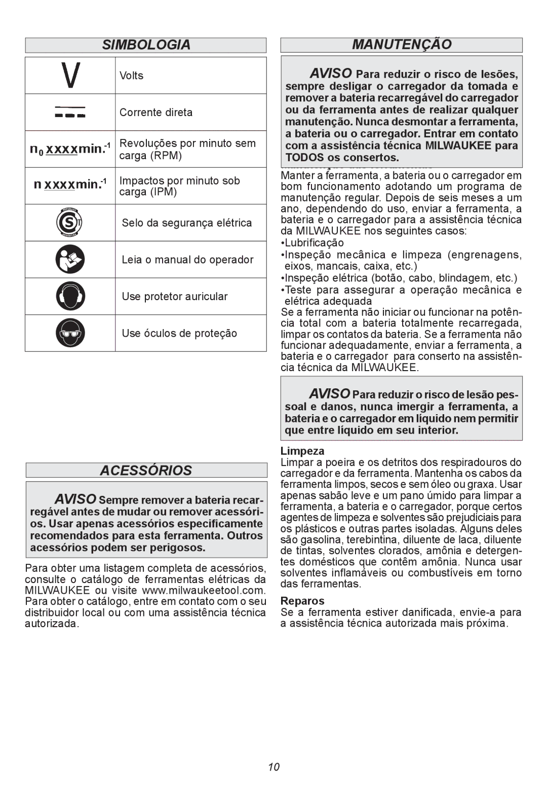 Milwaukee 2663-059, 2664-059 manual Simbologia, Manutenção, Acessórios 