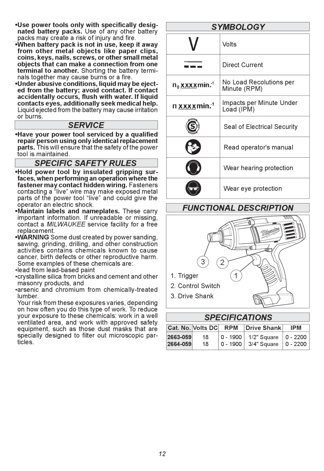 Milwaukee 2663-059, 2664-059 manual Service, Specific Safety Rules, Symbology, Functional Description, Specifications 