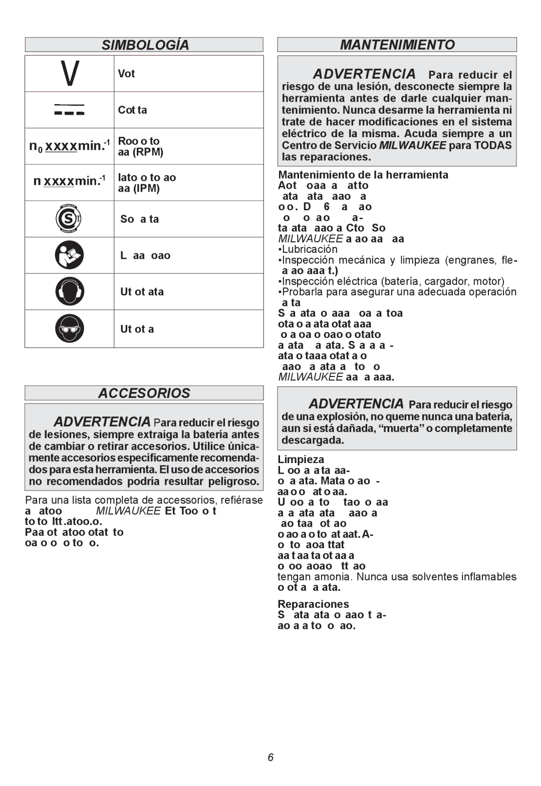 Milwaukee 2663-059, 2664-059 manual Simbología, Accesorios, Mantenimiento de la herramienta, Reparaciones 