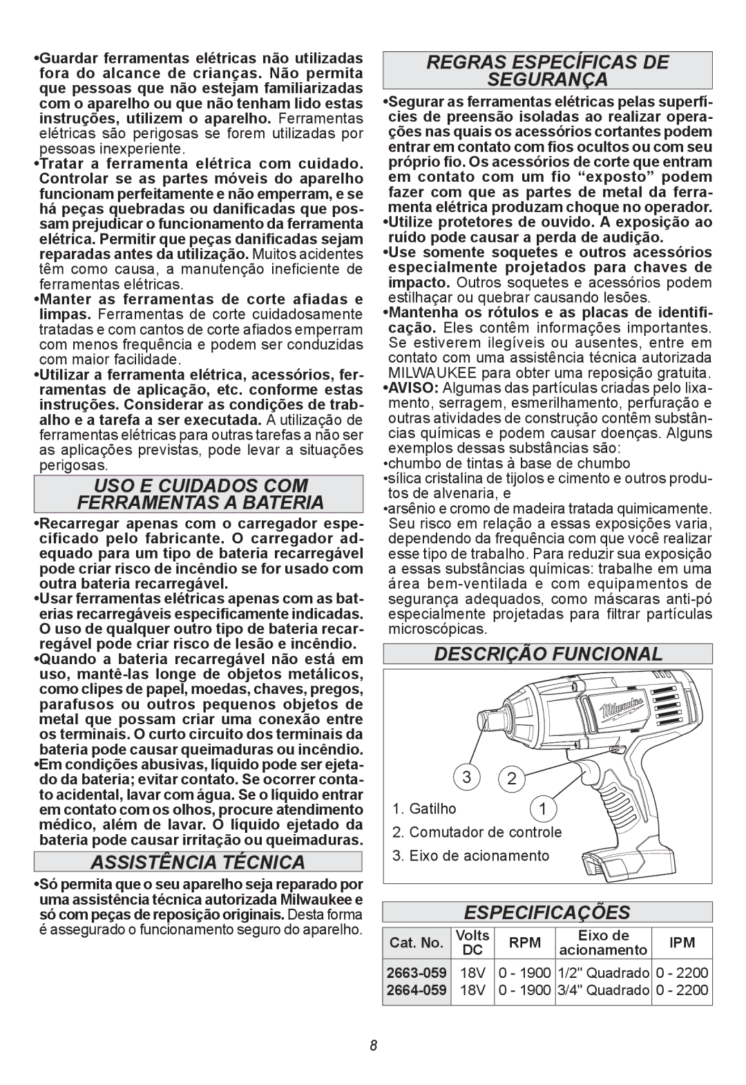 Milwaukee 2663-059, 2664-059 manual USO E Cuidados COM, Assistência Técnica, Regras Específicas DE Segurança 