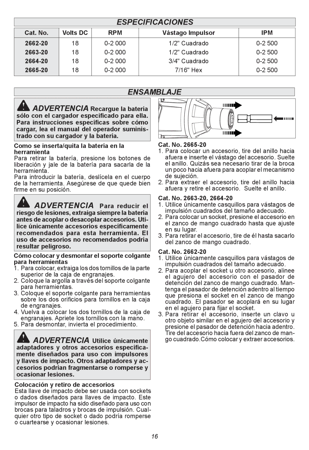 Milwaukee 2663-20, 2665-20, 2664-20, 2662-20 manual Especificaciones, EnsambLaje 