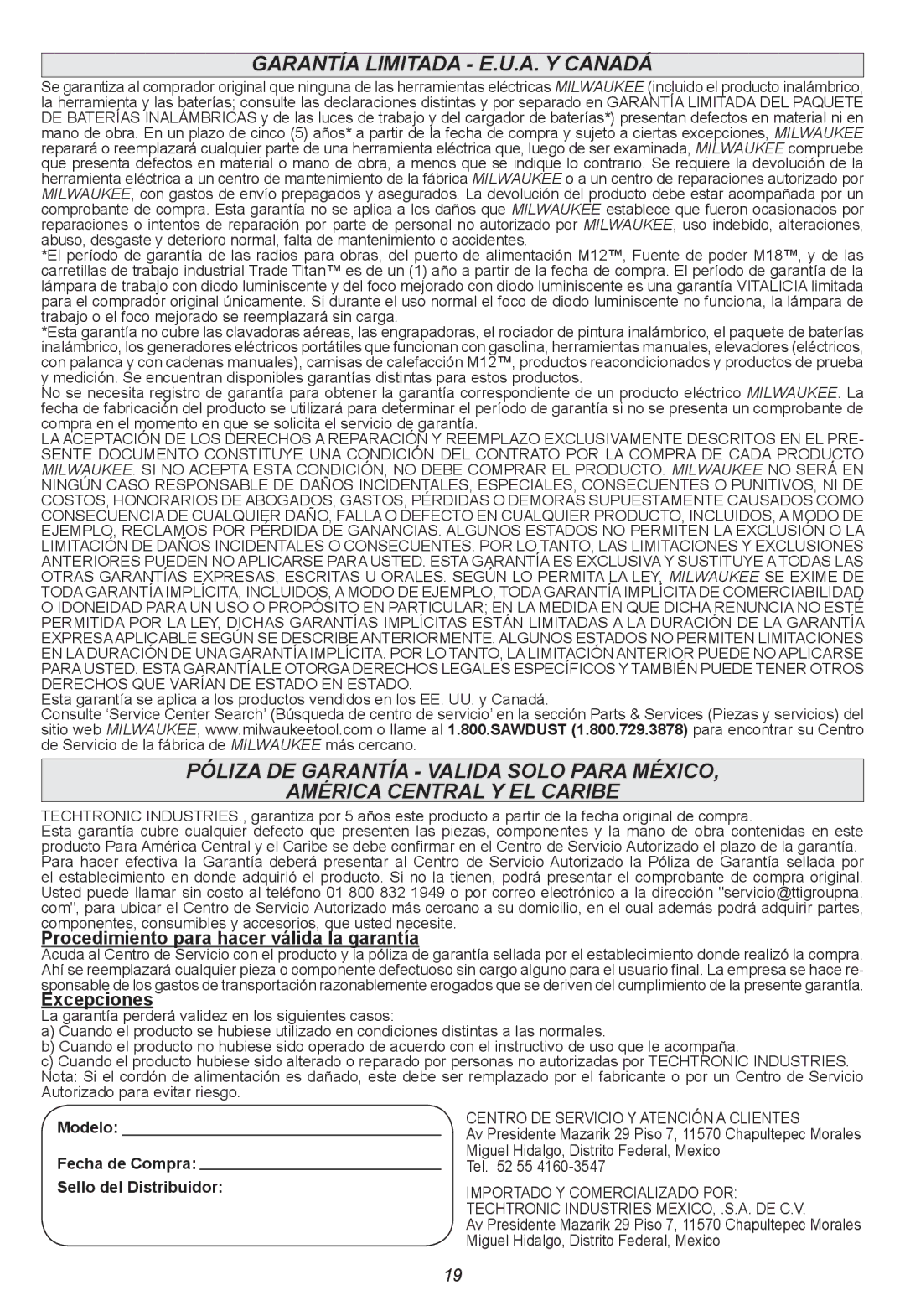 Milwaukee 2662-20, 2663-20, 2665-20, 2664-20 manual Procedimiento para hacer válida la garantía, Excepciones 