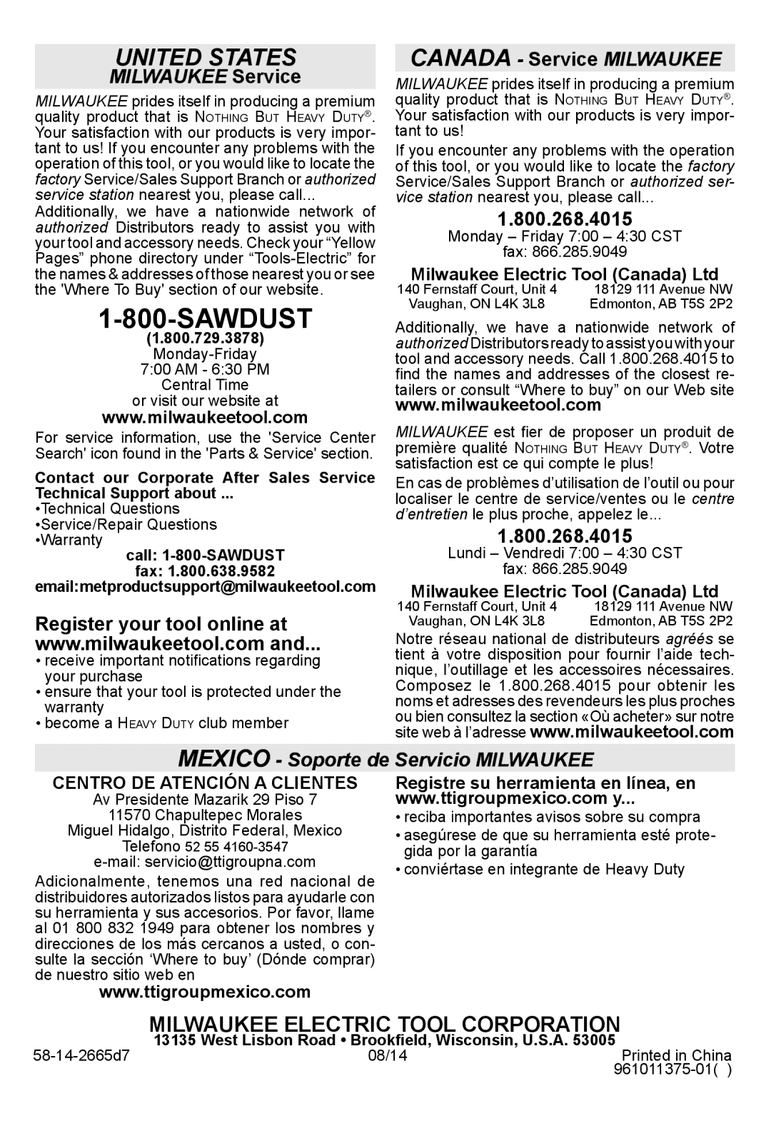 Milwaukee 2663-20, 2665-20 Milwaukee Service, Canada Service Milwaukee, Mexico Soporte de Servicio Milwaukee, 800.729.3878 