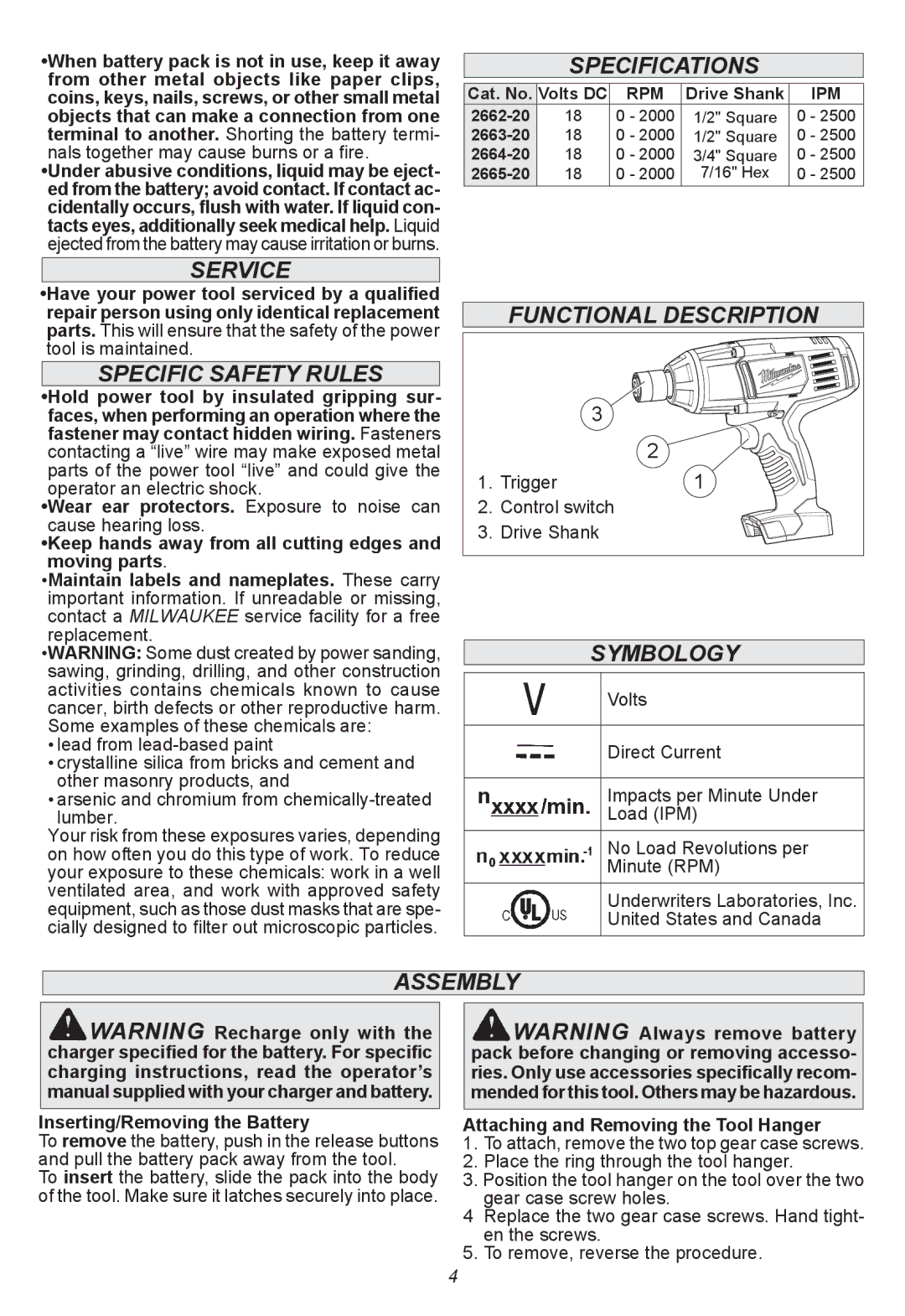 Milwaukee 2663-20, 2665-20, 2664-20, 2662-20 manual Specific Safety Rules, Assembly 