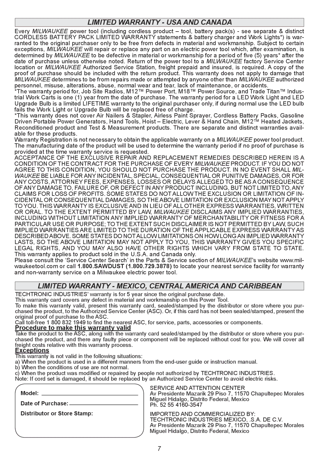 Milwaukee 2662-20, 2663-20, 2665-20, 2664-20 manual Procedure to make this warranty valid, Exceptions 