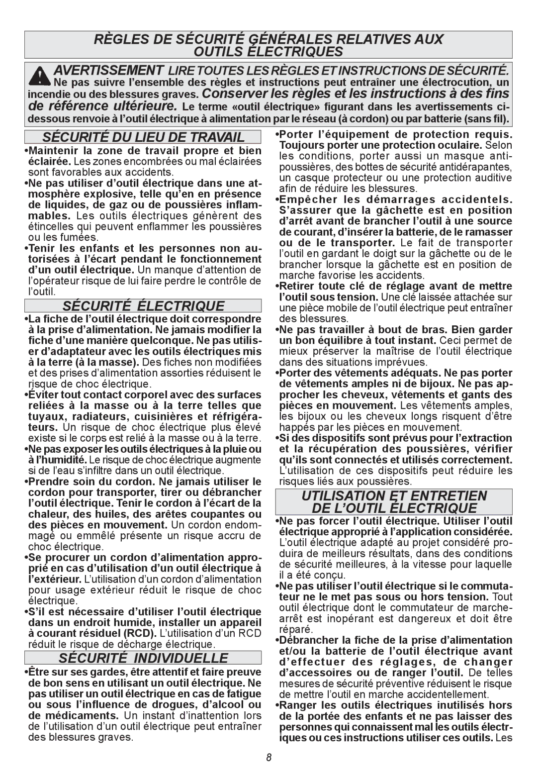 Milwaukee 2663-20, 2665-20, 2664-20, 2662-20 manual Sécurité DU Lieu DE Travail, Sécurité électrique, Sécurité individuelle 