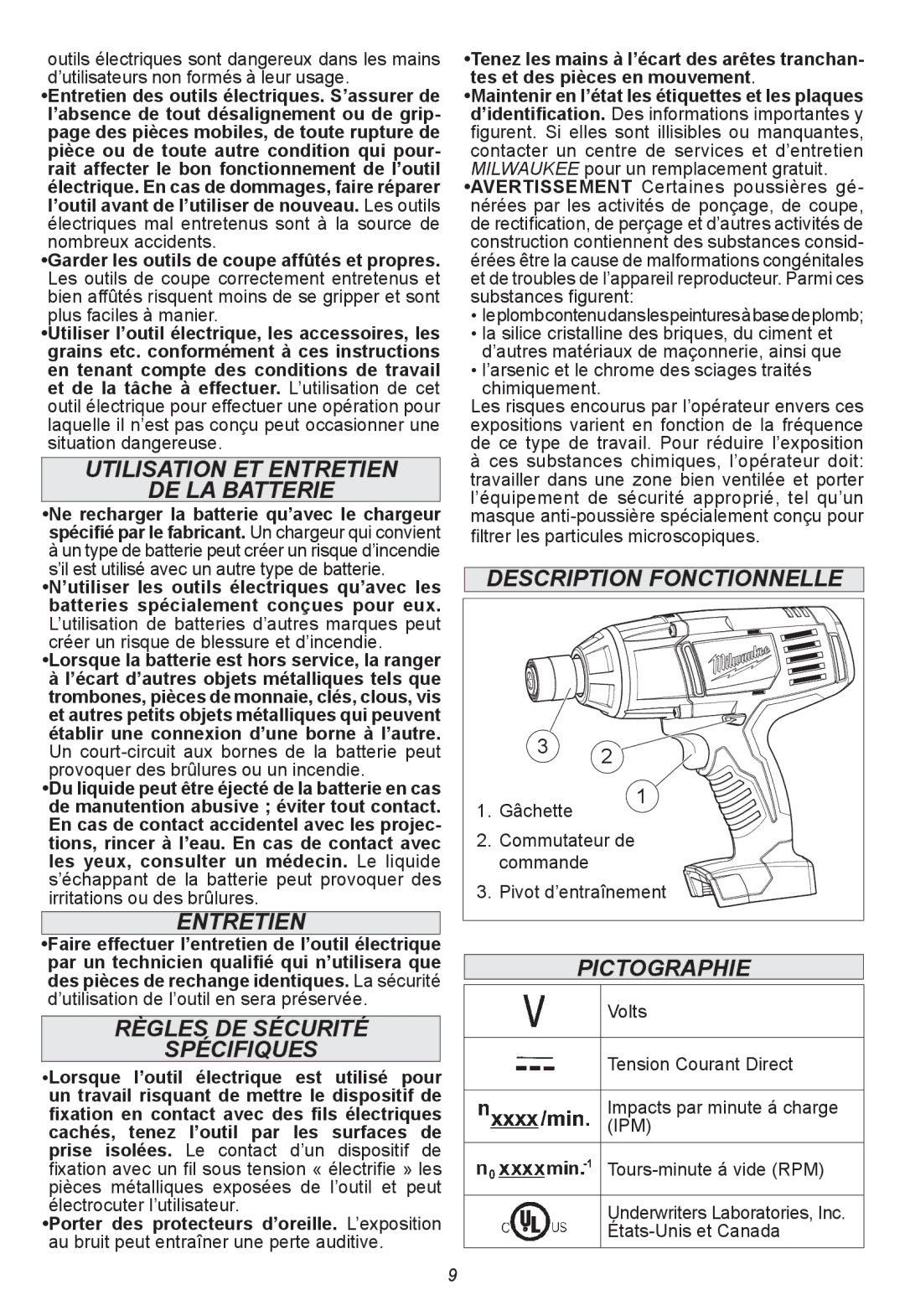 Milwaukee 2665-20 manual Utilisation et entretien De la batterie, Entretien, Règles DE Sécurité Spécifiques, Pictographie 