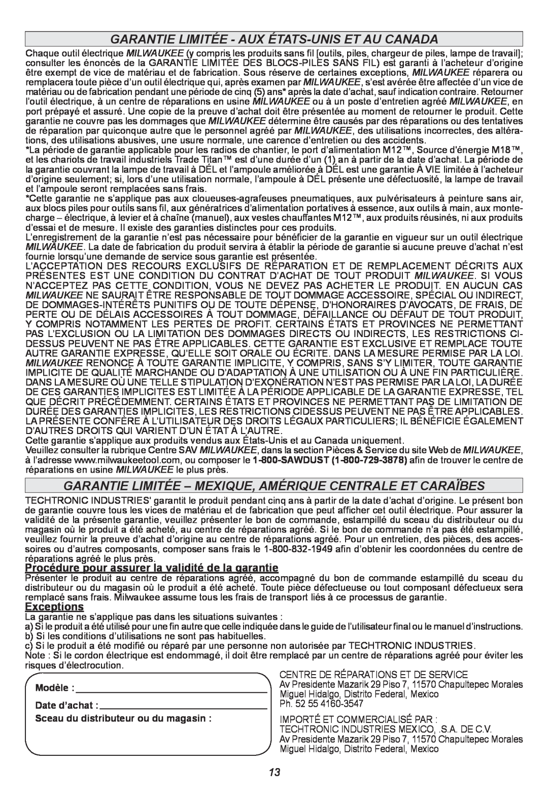 Milwaukee 2665-20 manual GARANTIE LIMITÉE - aux États-Unis ET au Canada, Procédure pour assurer la validité de la garantie 