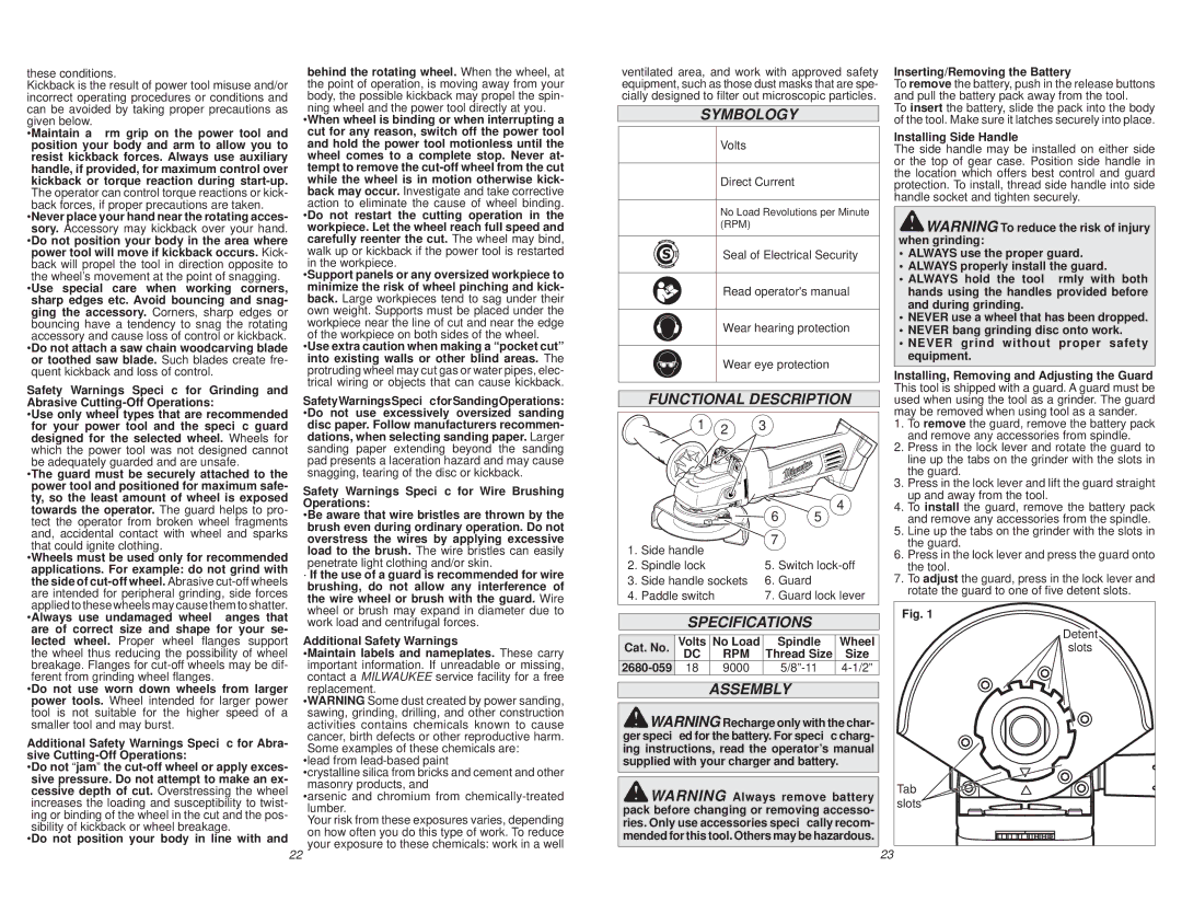 Milwaukee 2680-059 manual Symbology, Functional Description, Specifications, Assembly 